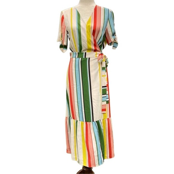 Mango Multi Color Striped Wrap Midi Dress Size 2 Short Sleeve Ruffle Hem NWT - Picture 4 of 5